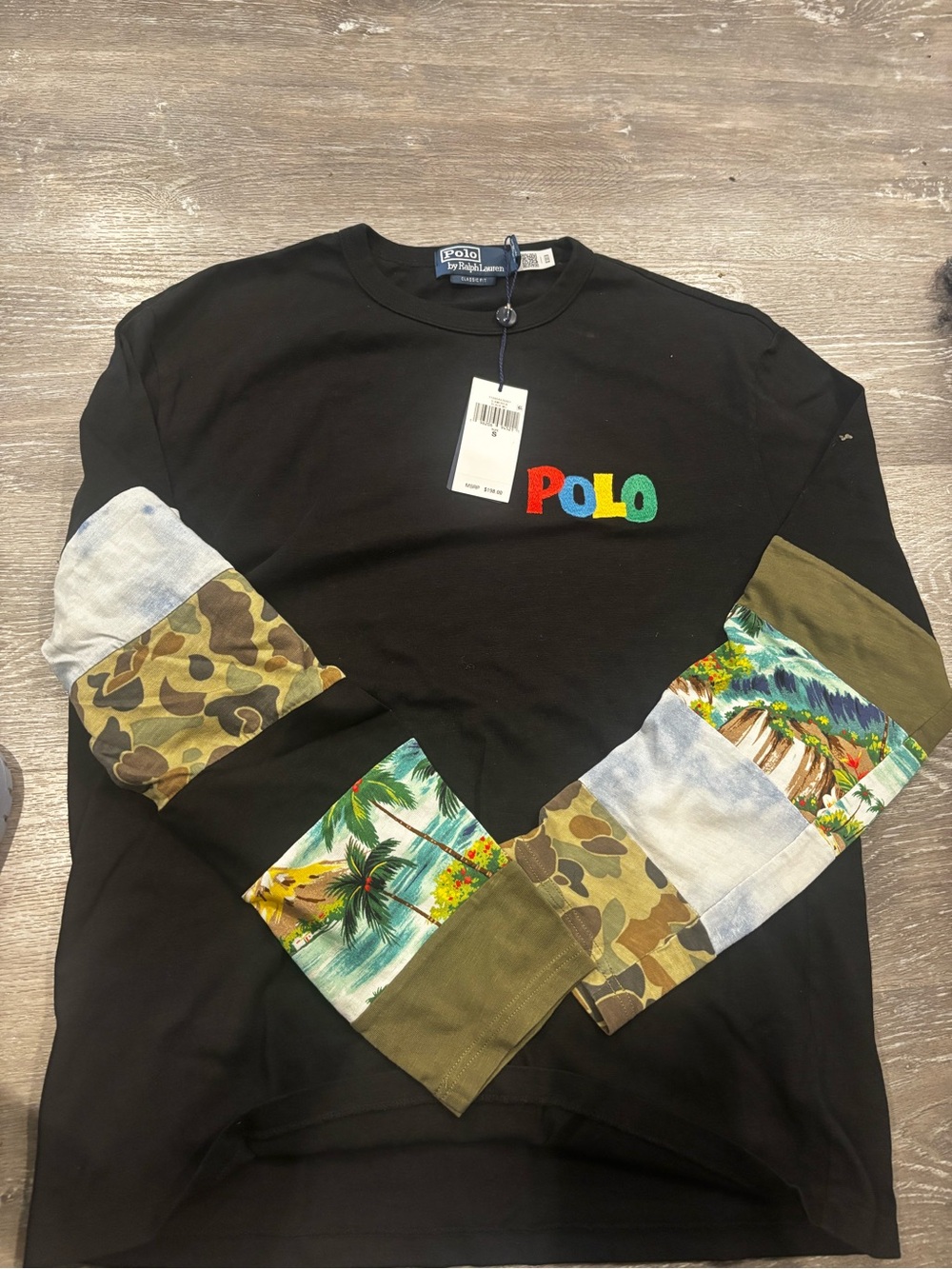 Polo by Ralph Lauren Black Long-Sleeve Patchwork Tee with Multicolor POLO Logo